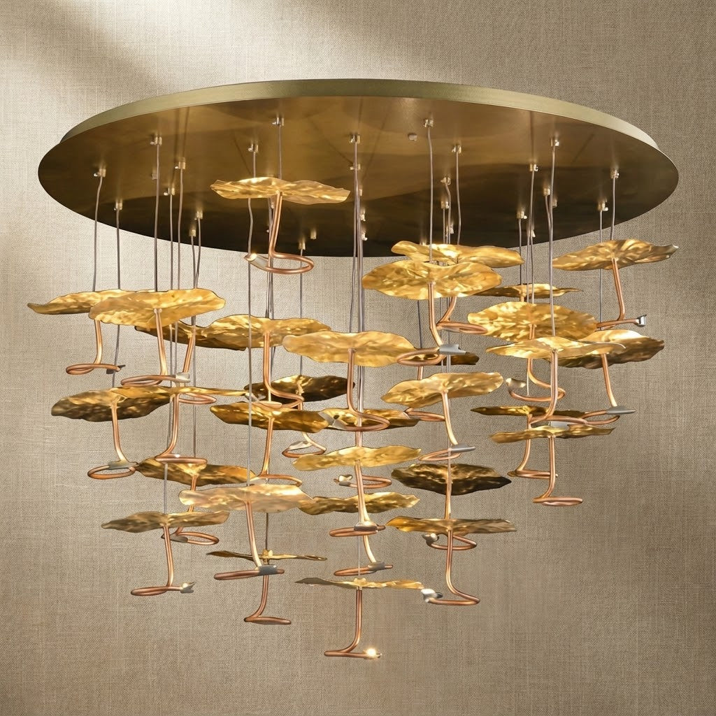 Yiosi Grand Copper flush mount ceiling lamp Style A — modern lotus pad chandelier with brass canopy