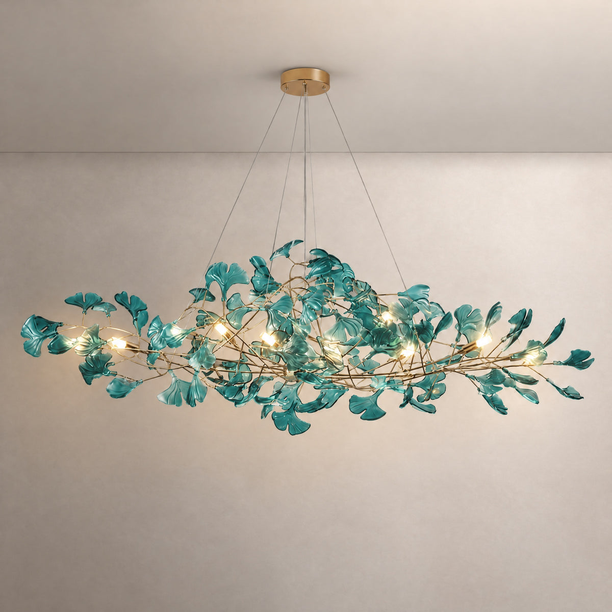 Modern Chandelier Gold Metal Teal Acrylic Ginkgo Leaf L31.5" for Dining Room