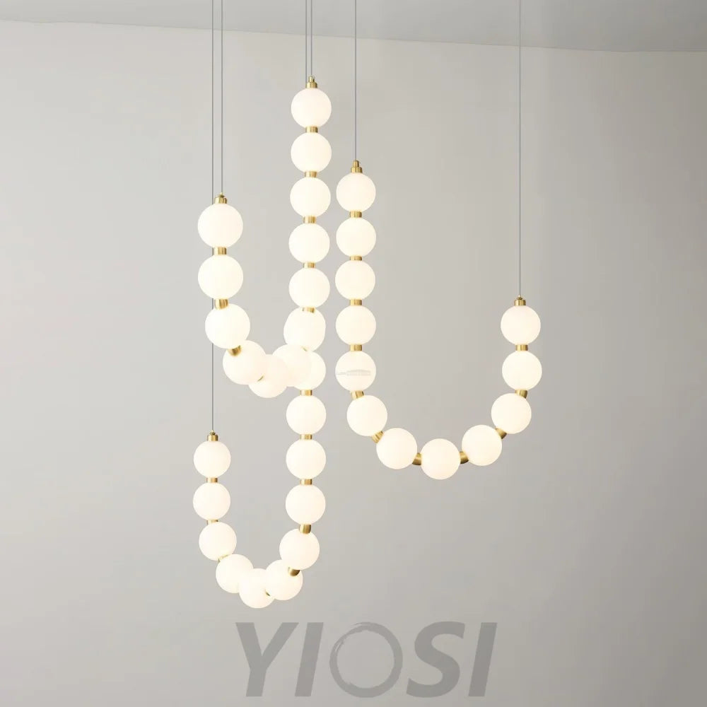 Acrylic Pearl Necklace Style Chandelier - Brass & White, Cluster-1-Yiosilamp