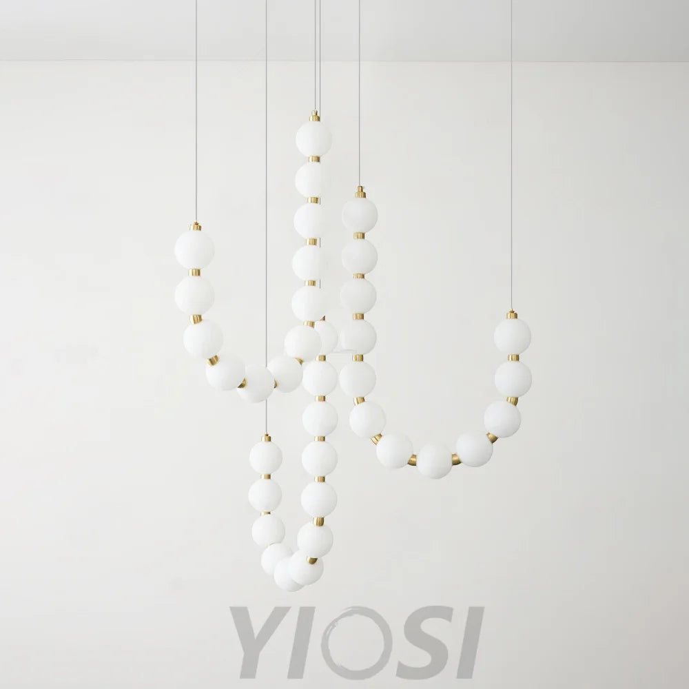 Acrylic Pearl Necklace Style Chandelier - Brass & White, Cluster-1-Yiosilamp