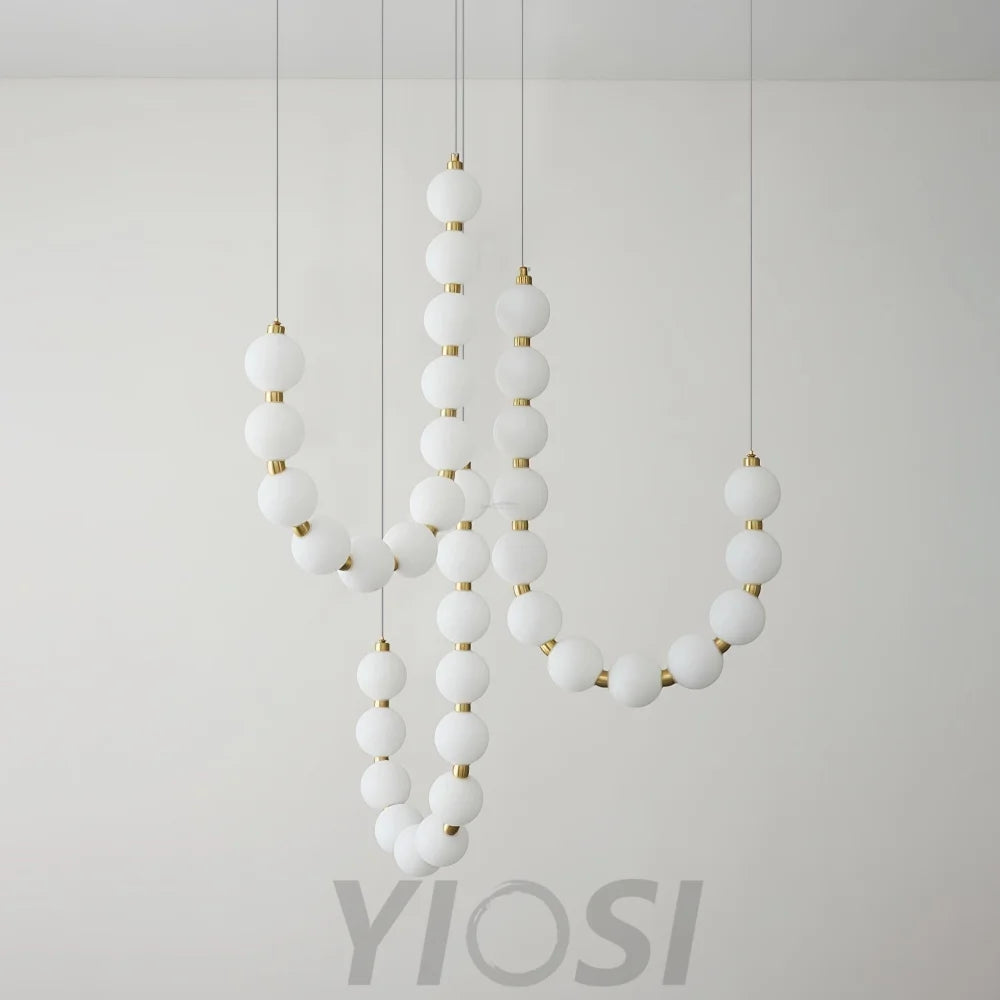 Acrylic Pearl Necklace Style Chandelier - Brass & White, Cluster-1-Yiosilamp