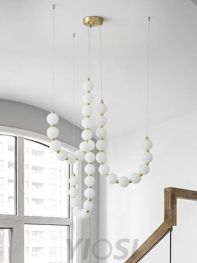 Acrylic Pearl Necklace Style Chandelier - Brass & White, Cluster-1-Yiosilamp