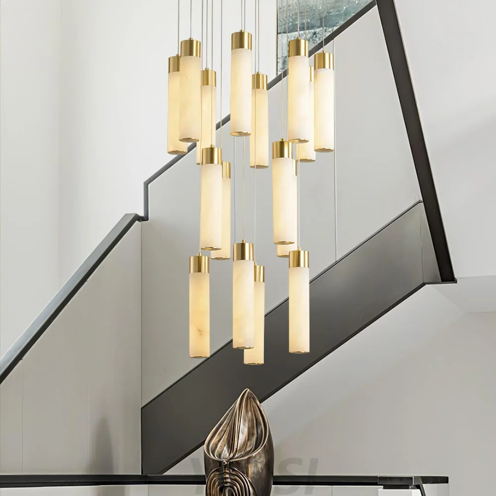 Celestial Alabaster Cascade Chandelier – Brass & White Multi-Head LED