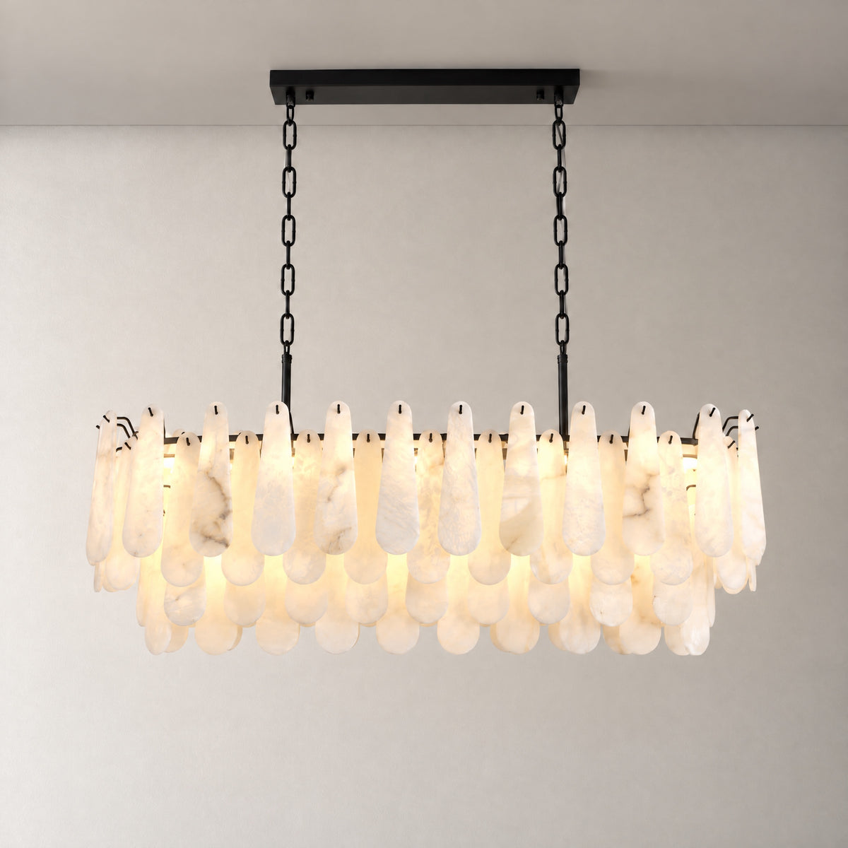 Alabaster Feather Oval Dining Pendant 47.2"L – lights on