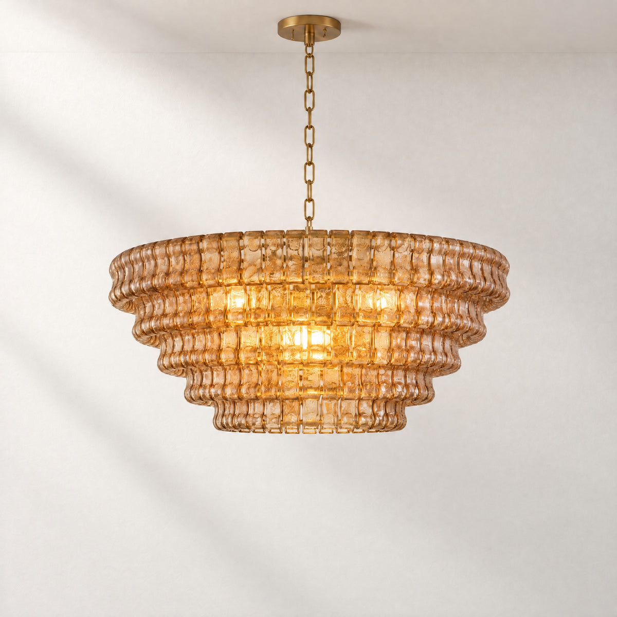 48" Hook Plate Amber Glass Round Chandelier – lights on