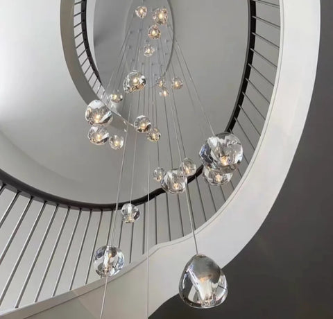 Cascade Spiral Cherry Crystal Air bubbles Pendant Chandelier for Staircase, high-ceiling light fixtures, luxury