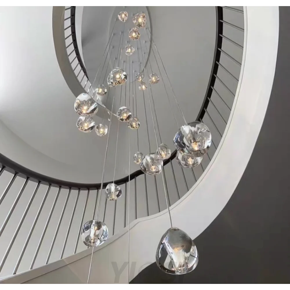 Cascade Spiral Cherry Crystal Air bubbles Pendant Chandelier for Staircase, high-ceiling light fixtures, luxury