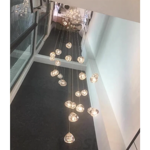 Cascade Spiral Cherry Crystal Air bubbles Pendant Chandelier for Staircase, high-ceiling light fixtures, luxury
