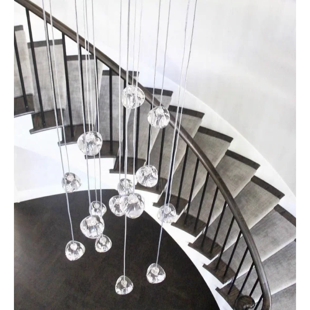 Cascade Spiral Cherry Crystal Air bubbles Pendant Chandelier for Staircase, high-ceiling light fixtures, luxury