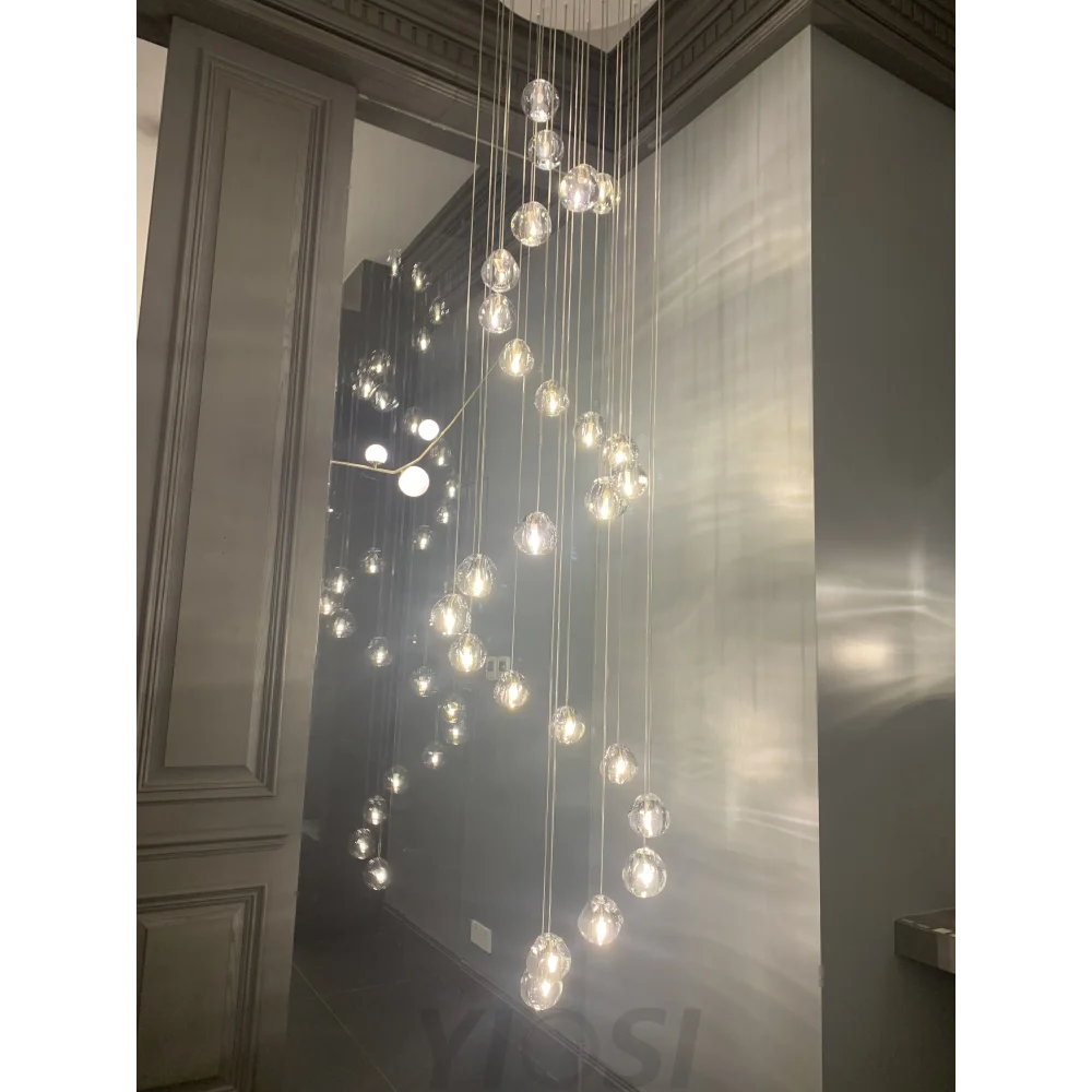 Cascade Spiral Cherry Crystal Air bubbles Pendant Chandelier for Staircase, high-ceiling light fixtures, luxury