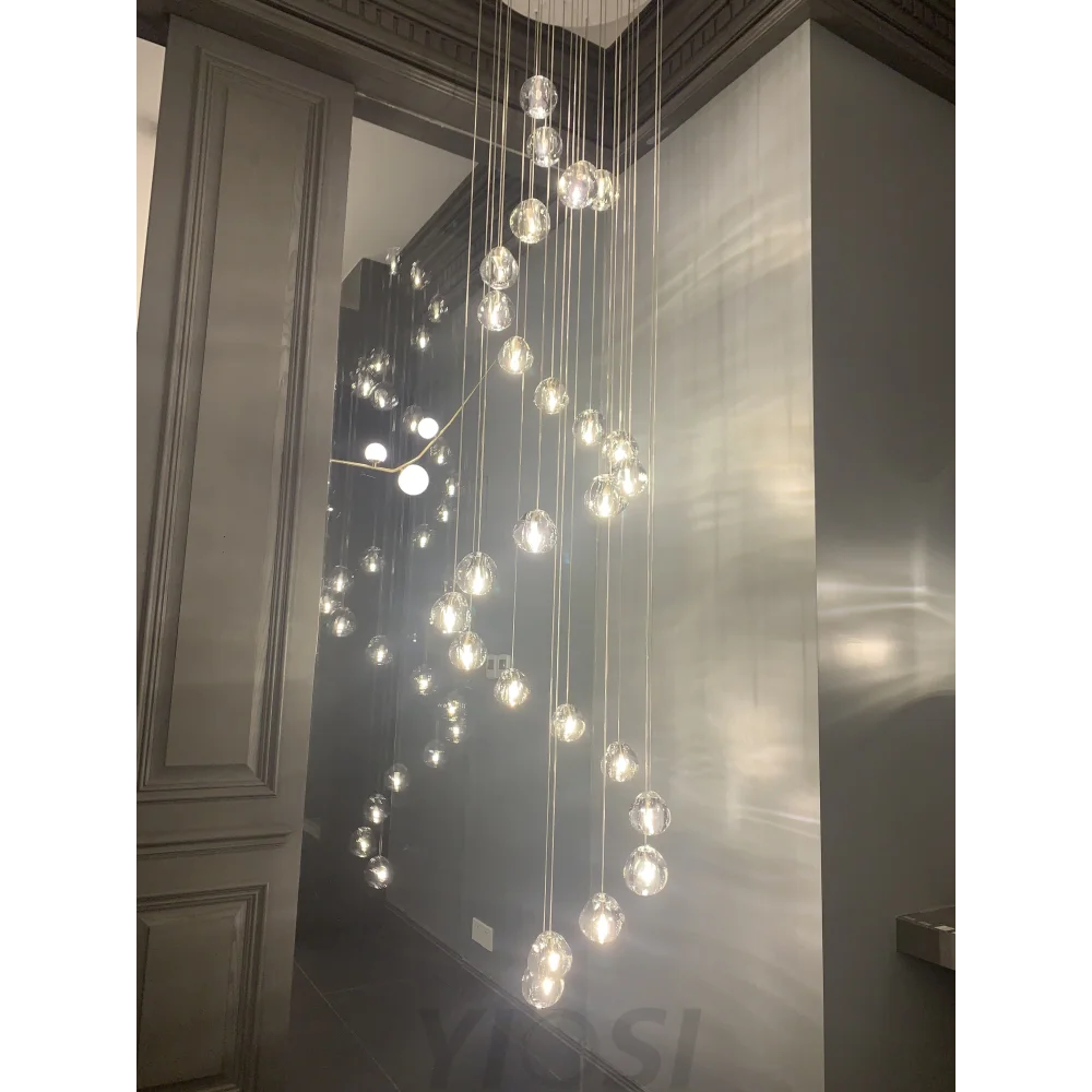 Cascade Spiral Cherry Crystal Air bubbles Pendant Chandelier for Staircase, high-ceiling light fixtures, luxury