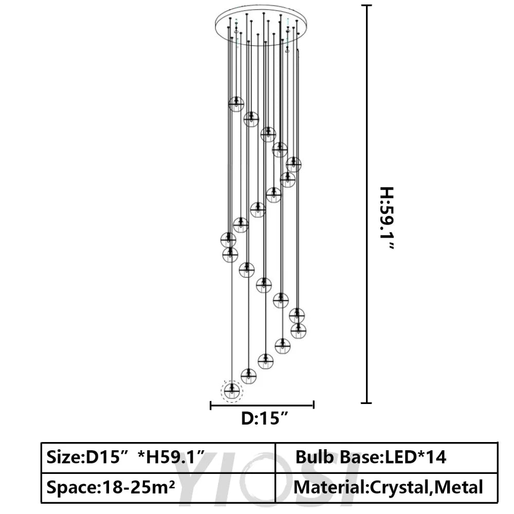 Cascade Spiral Cherry Crystal Air bubbles Pendant Chandelier for Staircase, high-ceiling light fixtures, luxury, dimension