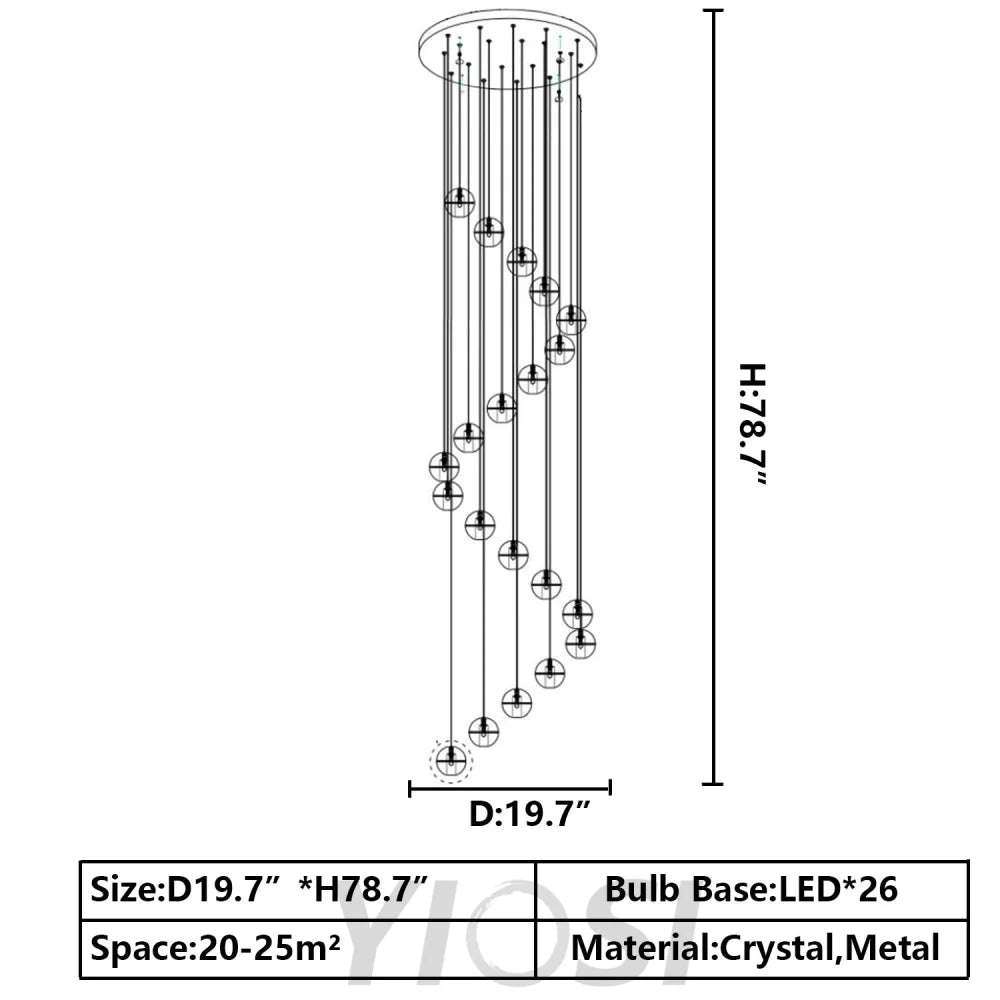 Cascade Spiral Cherry Crystal Air bubbles Pendant Chandelier for Staircase, high-ceiling light fixtures, luxury, dimension