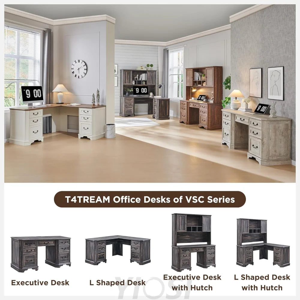Ample Storage 59 Inch Farmhouse Wood Desk Hutch - Rustic Oak