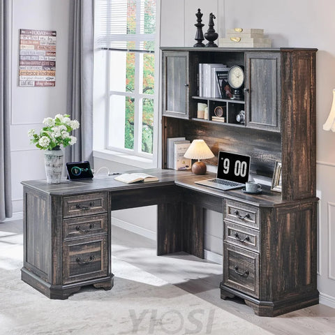 Ample Storage 59 Inch Farmhouse Wood Desk Hutch - Rustic Oak