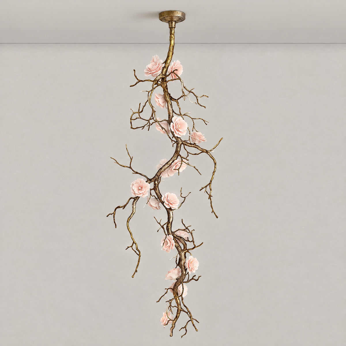 Antique Brass Metal Branch Chandelier with Floral Glass Shades – lights off