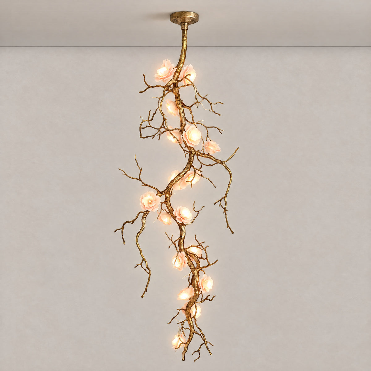 Antique Brass Metal Branch Chandelier with Floral Glass Shades – lights on