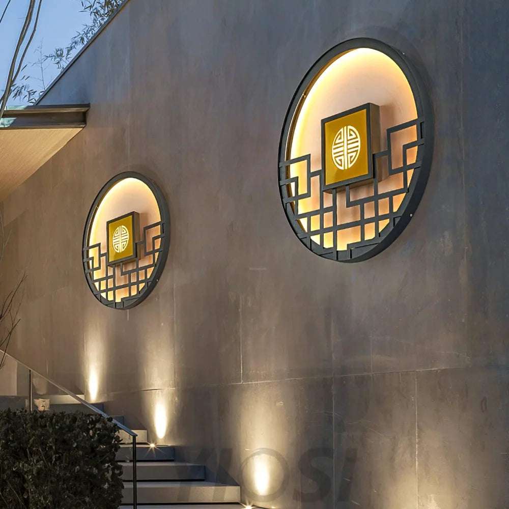 Asian Style Round Garden Wall Sconce - Circle-1-Yiosilamp