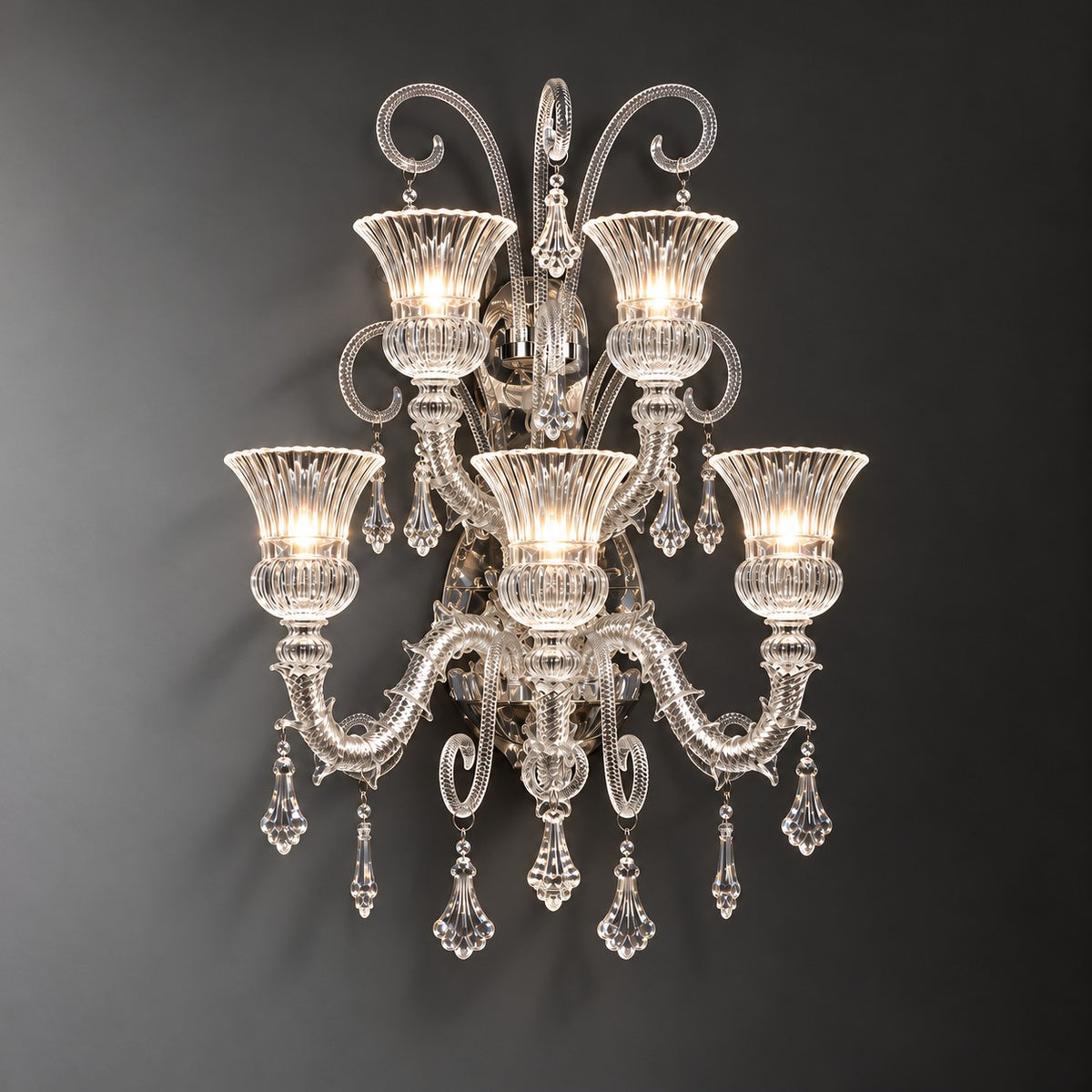 Avelora Clear Twisted Glass 5-Light Wall Sconce 26.8" on a dark olive wall