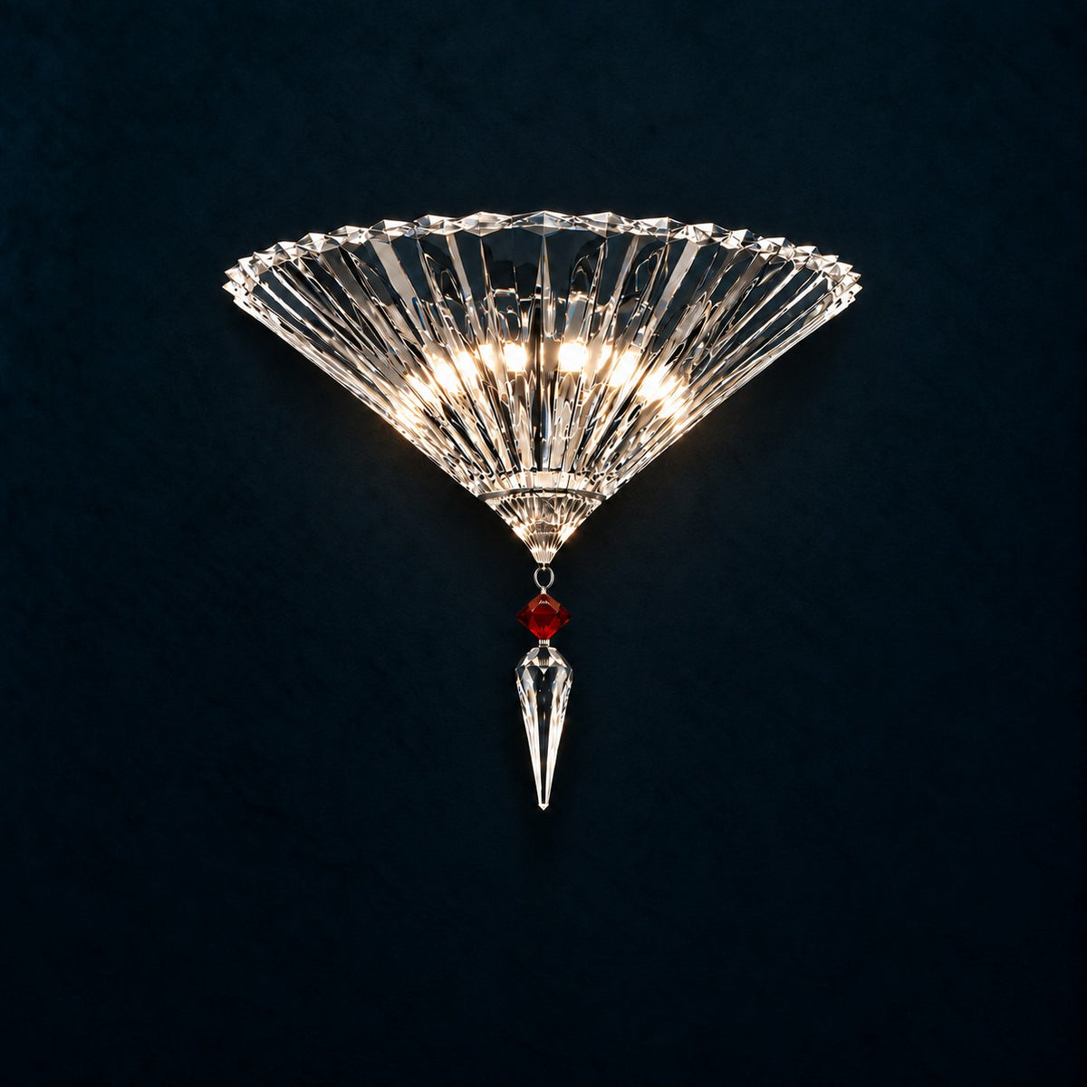 Bellune Clear Fan Crystal 2-Light Wall Sconce 15.7" on a deep teal-blue wall