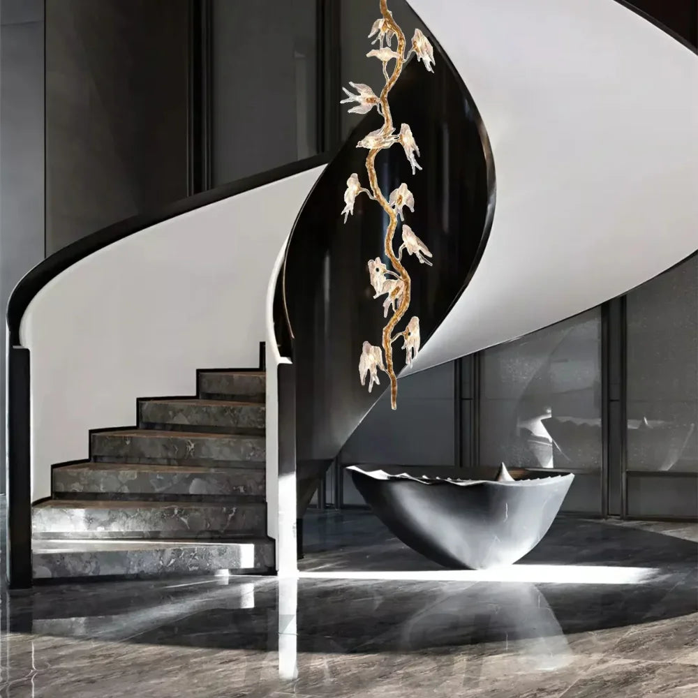 Bird Glass Tree Branch Long Staircase Chandelier