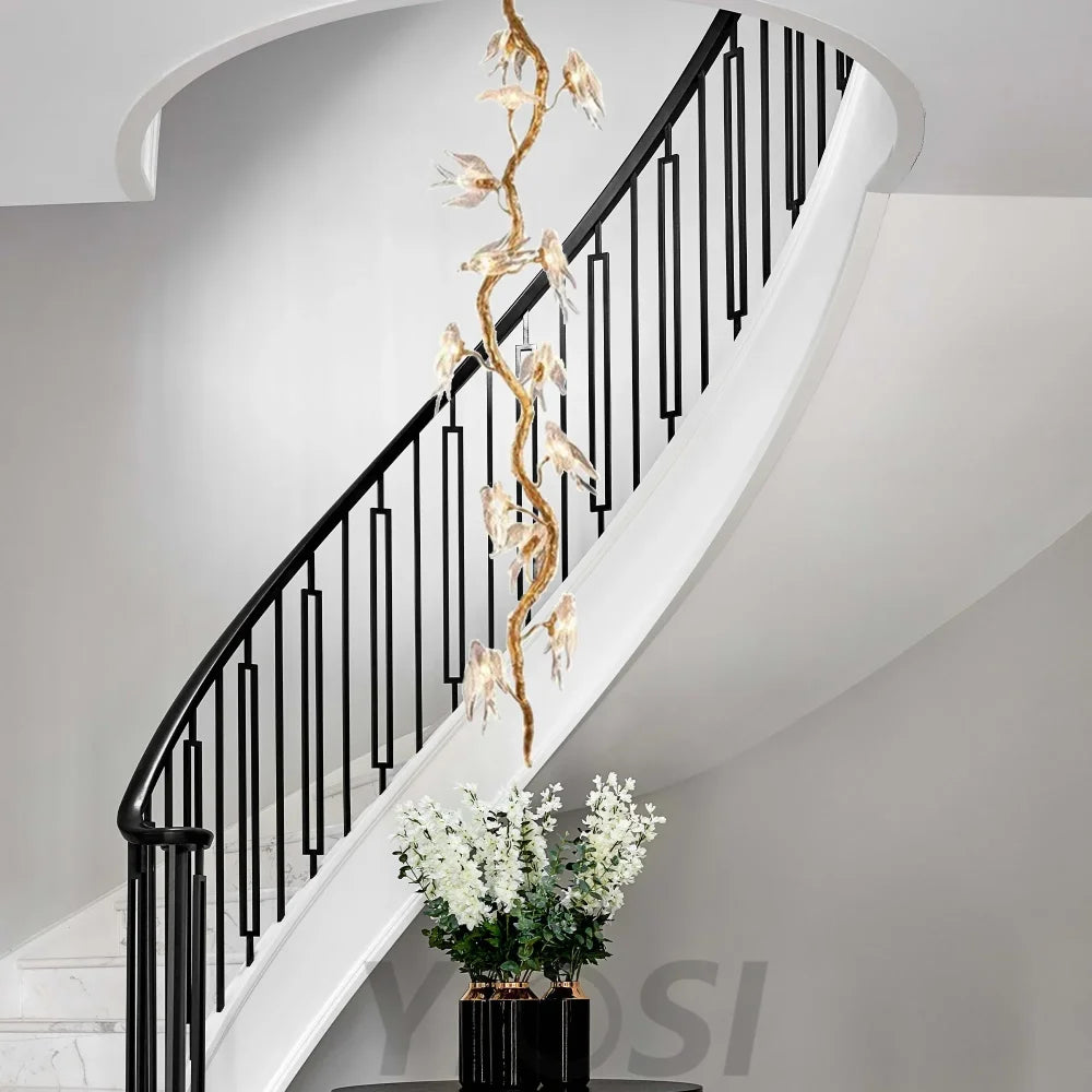 Bird Glass Tree Branch Long Staircase Chandelier