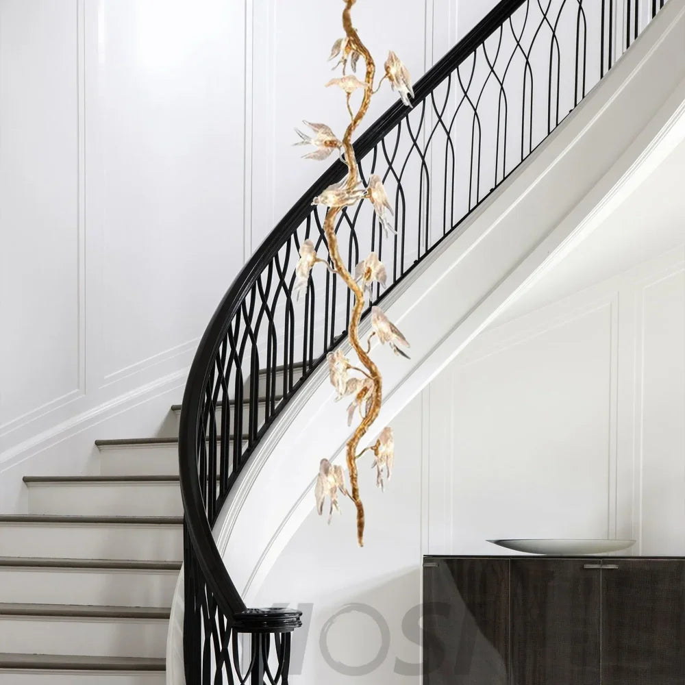 Bird Glass Tree Branch Long Staircase Chandelier