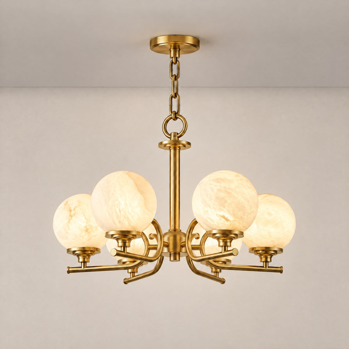 Brass 6-Arm Chandelier Alabaster