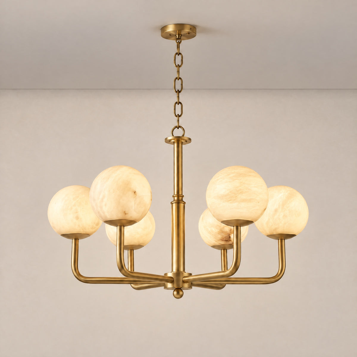 Brass 6-Arm Orb Alabaster Pendant Light