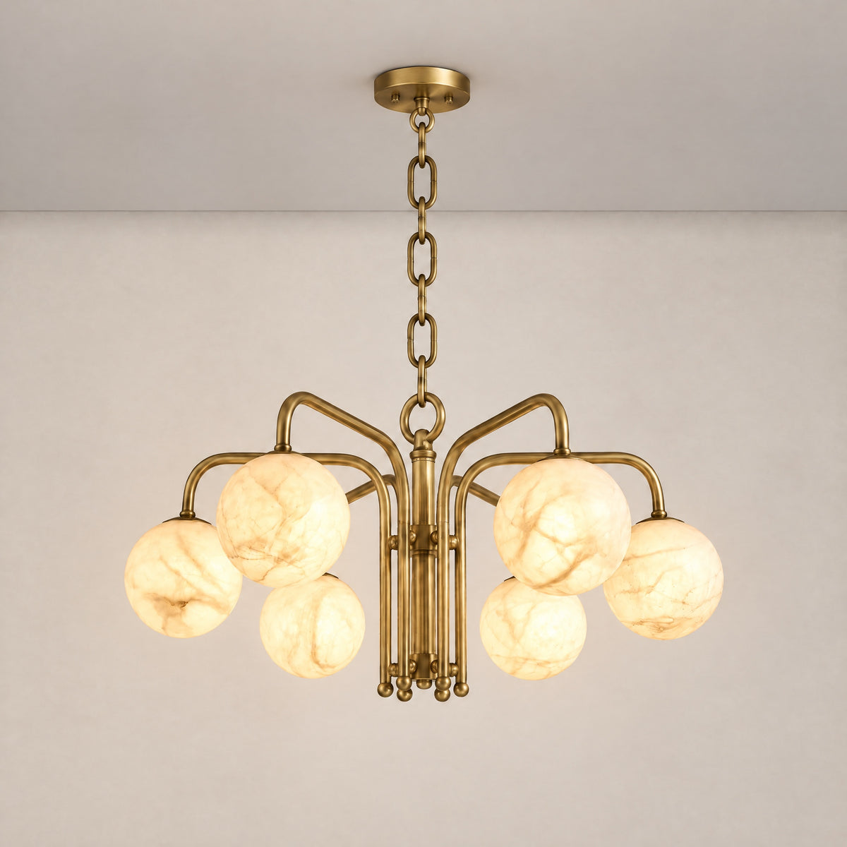 Brass 6-orb Alabaster Pendant Light