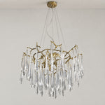 Brass Branch Chandelier with Cascading Clear Crystal Raindrops – lights off