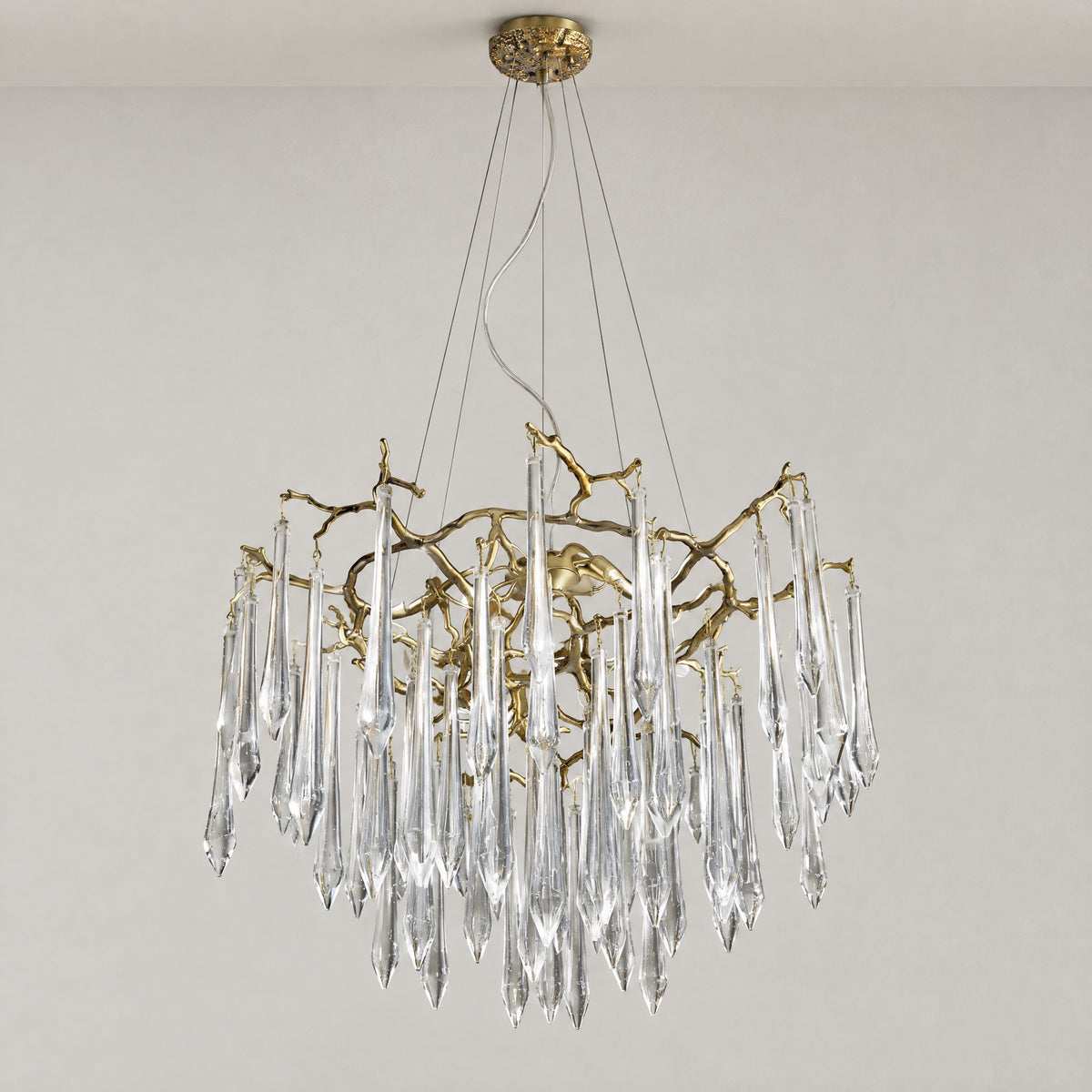 Brass Branch Chandelier with Cascading Clear Crystal Raindrops – lights off