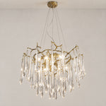 Brass Branch Chandelier with Cascading Clear Crystal Raindrops – lights on