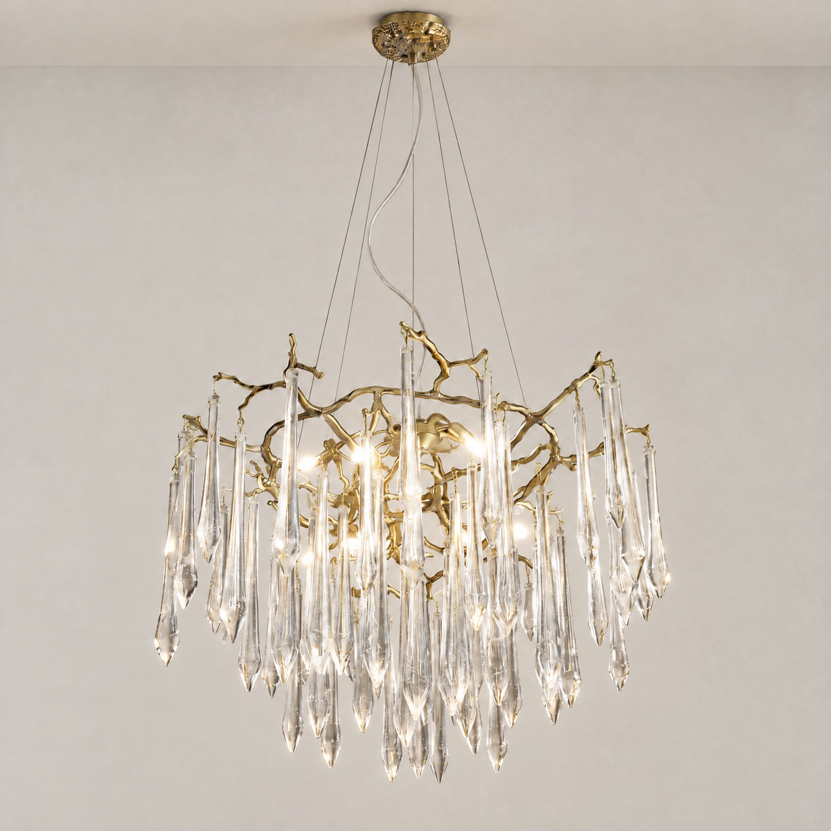 Brass Branch Chandelier with Cascading Clear Crystal Raindrops – lights on