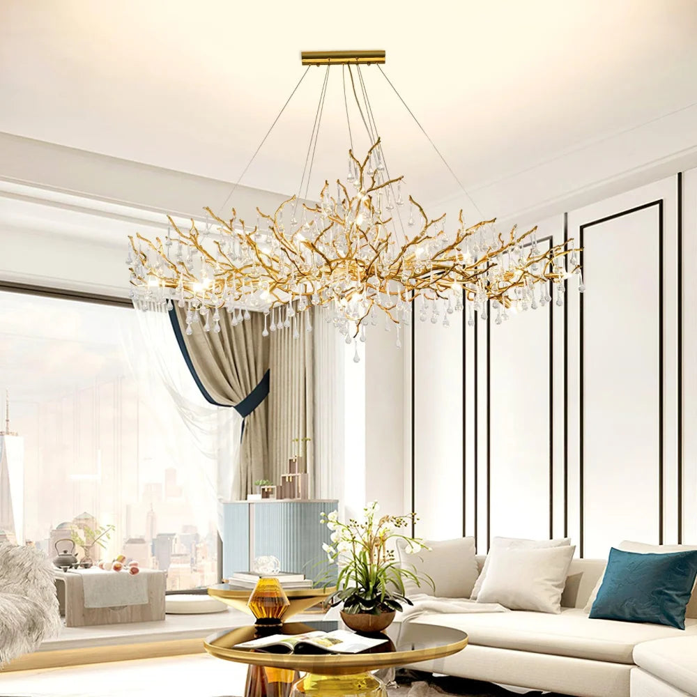 Bijou Brass & Clear Crystal Chandelier Handcrafted Branch Design