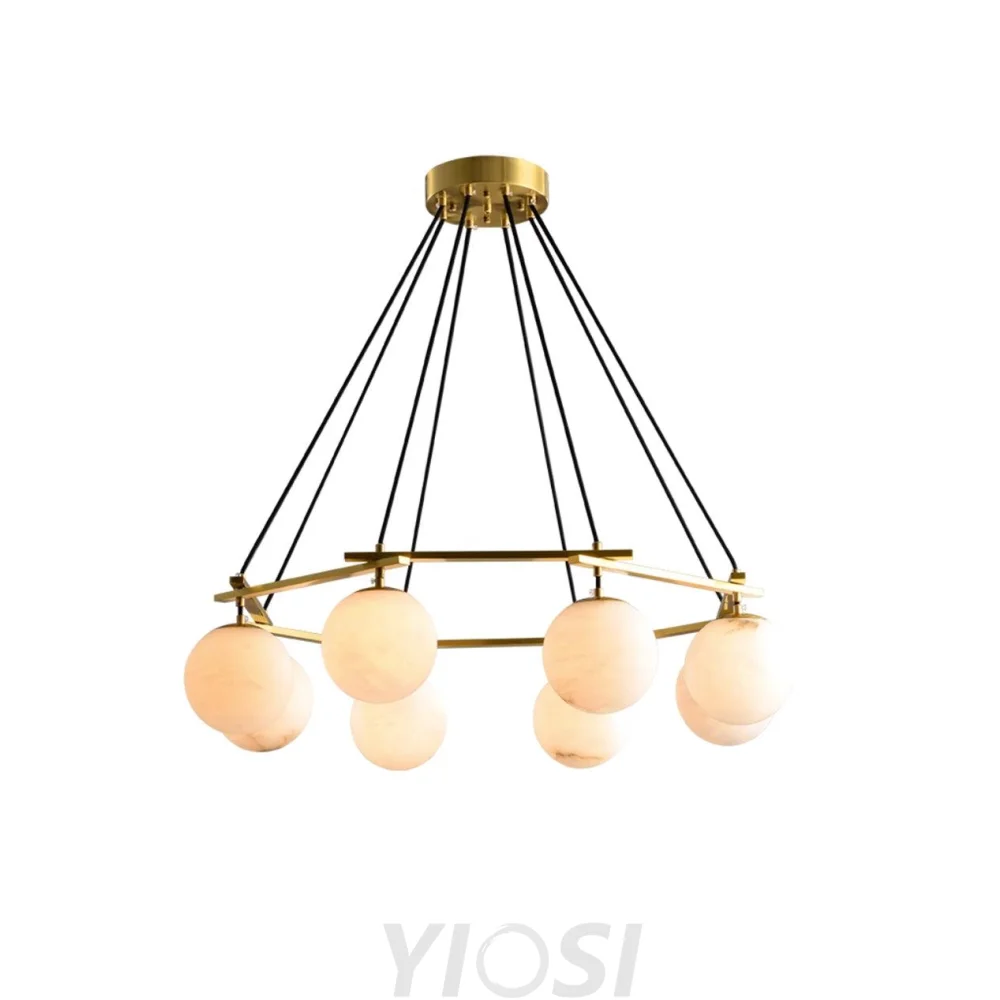 Miira Brass & White Alabaster Chandelier – Retro Inspired Ceiling Light