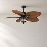Bronze Palm Leaf Ceiling Fan with Caged Seeded Glass Light – lights off
