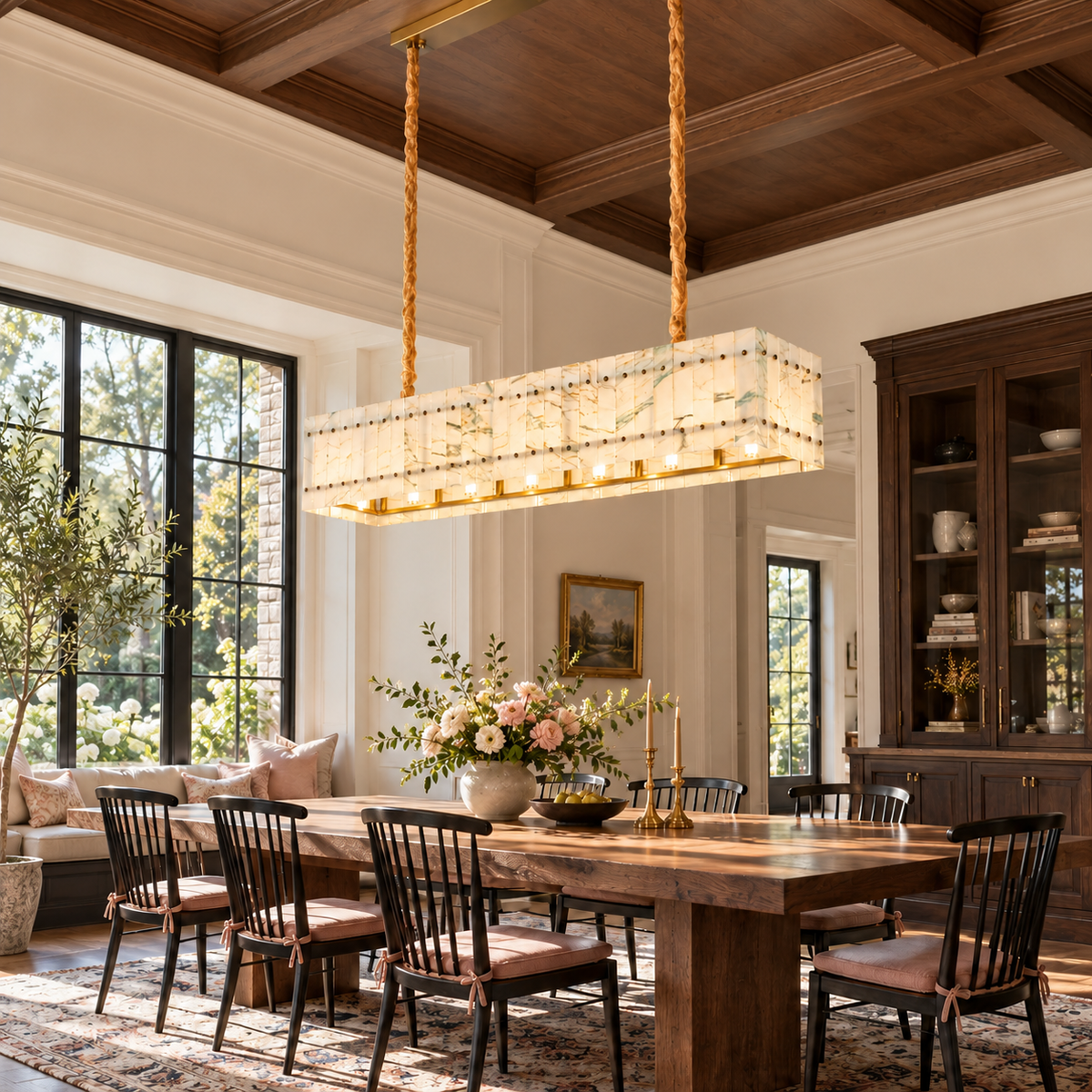 Modern Chandelier Natural Stone Metal L35.4" for Living Room Kitchen