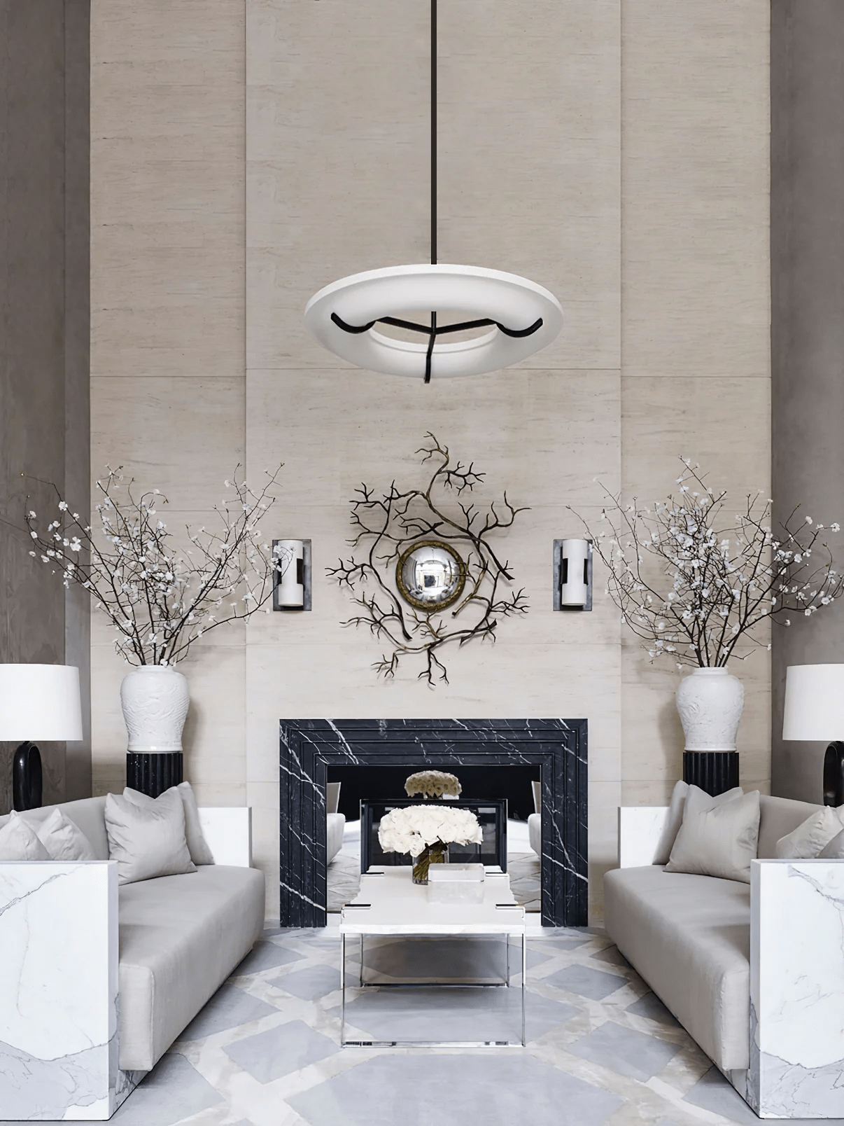 Carve Alabaster Pendant Light – Hand‑Carved Stone Shade with Black Frame