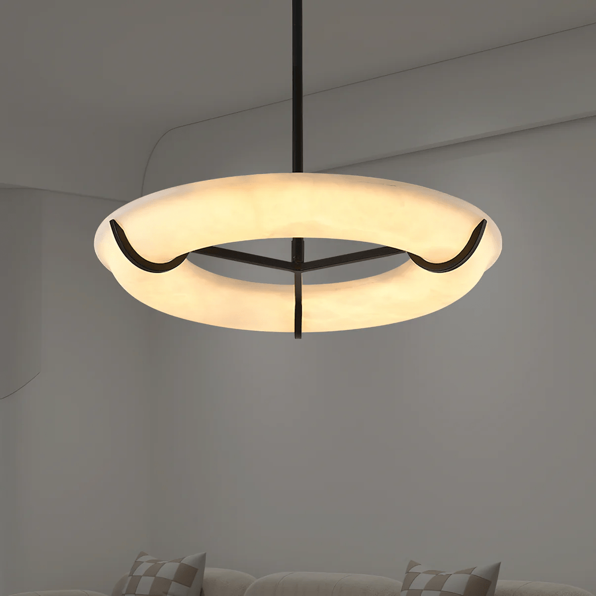 Carve Alabaster Pendant Light – Hand‑Carved Stone Shade with Black Frame