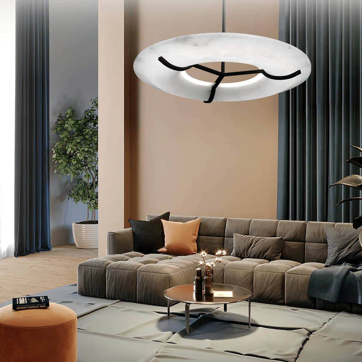 Carve Alabaster Pendant Light – Hand‑Carved Stone Shade with Black Frame