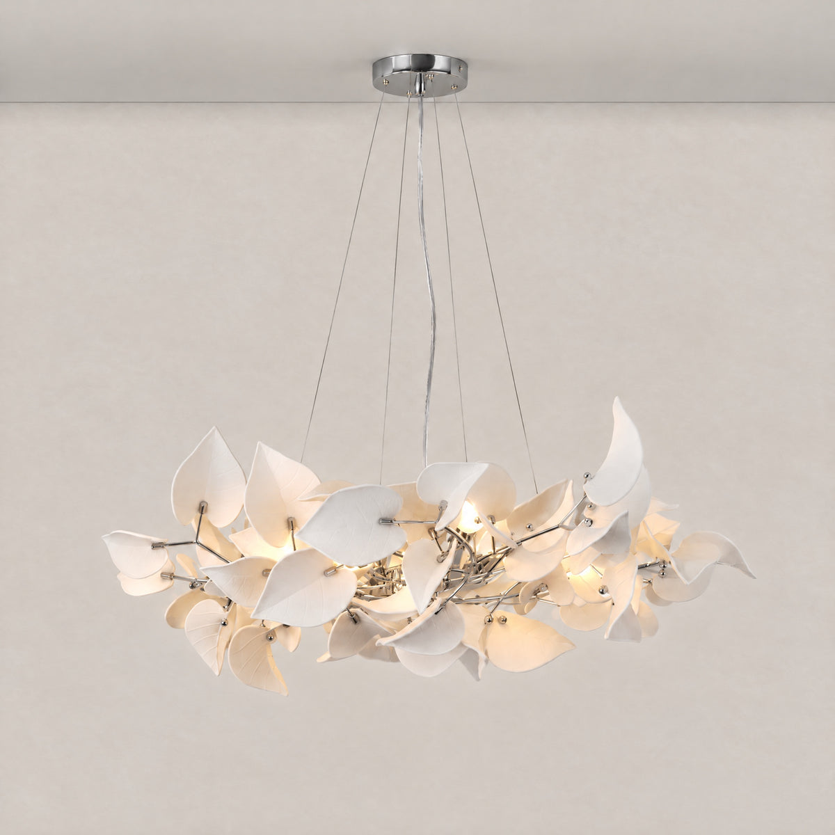 Ceramic Heart Leaf Round Pendant D800 6-Light - Chrome