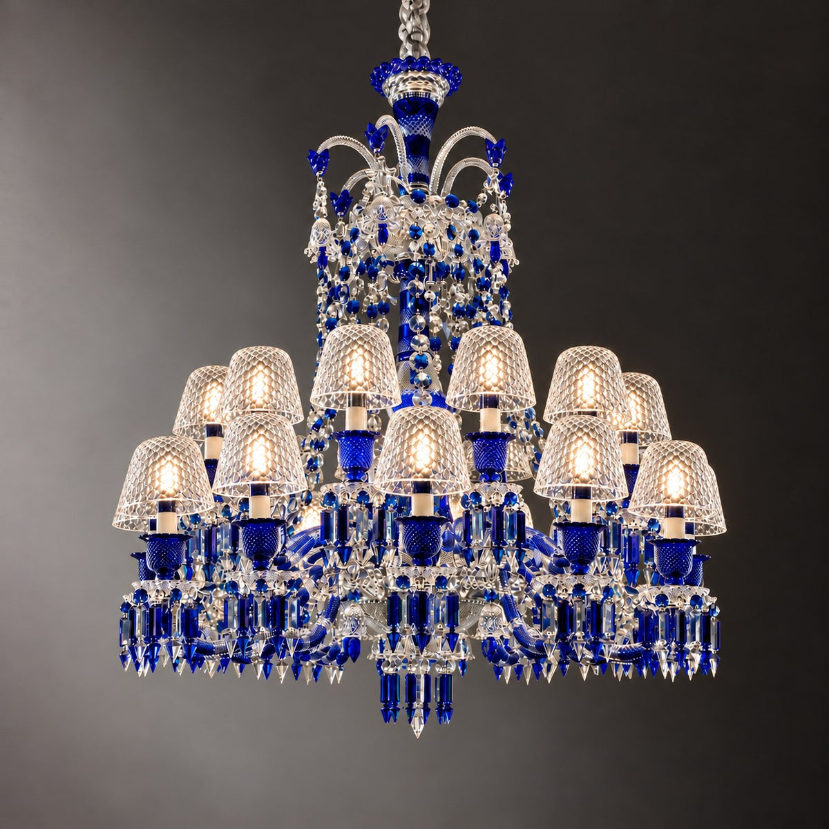 Cerulia Blue Two-Tier Glass 24-Light Chandelier 43.3" on a dark olive wall