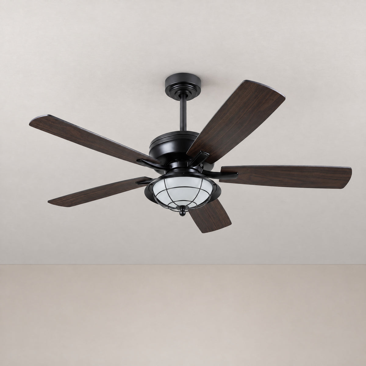 Charcoal Wood Blade Ceiling Fan with Caged LED Dome – lights off