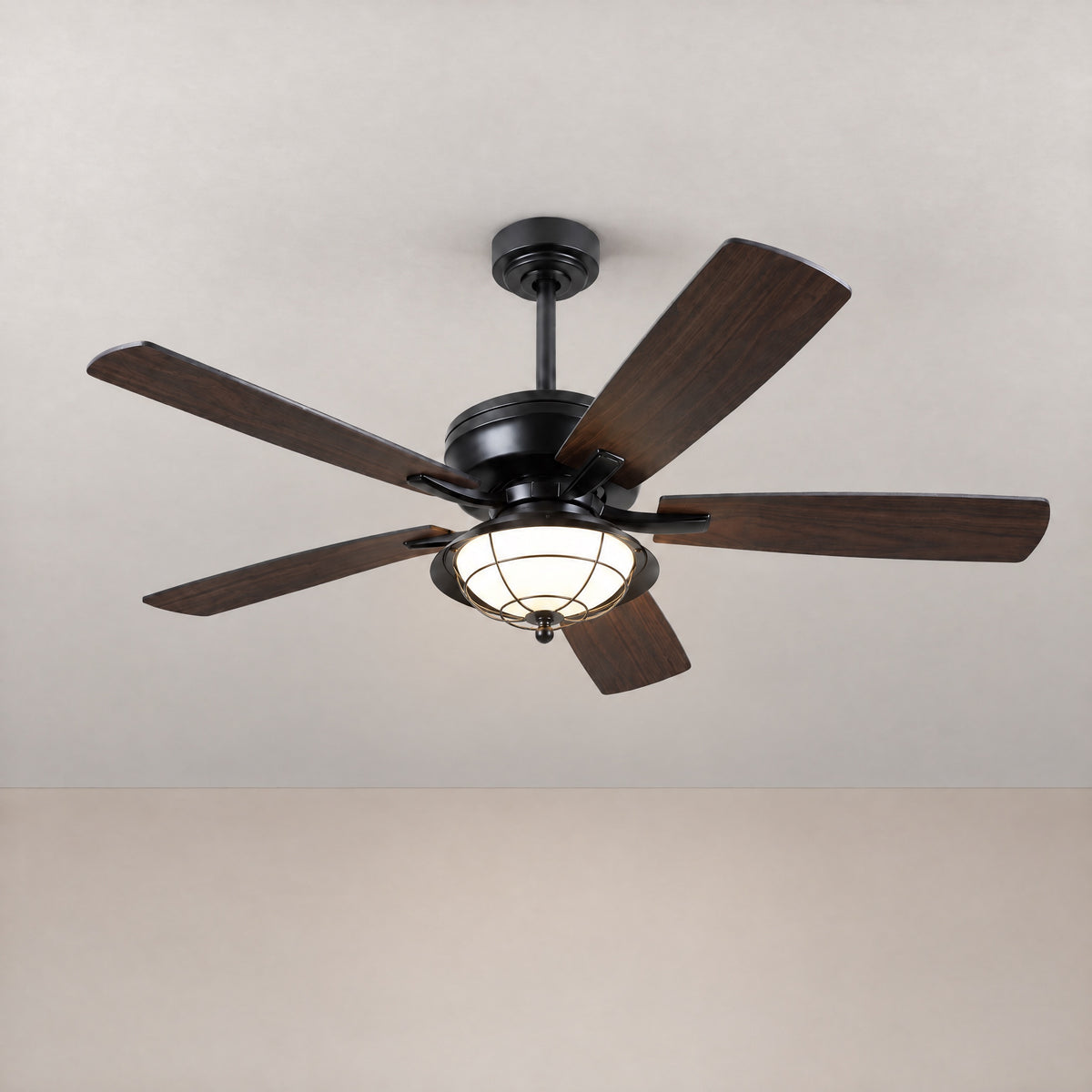 Charcoal Wood Blade Ceiling Fan with Caged LED Dome – lights on