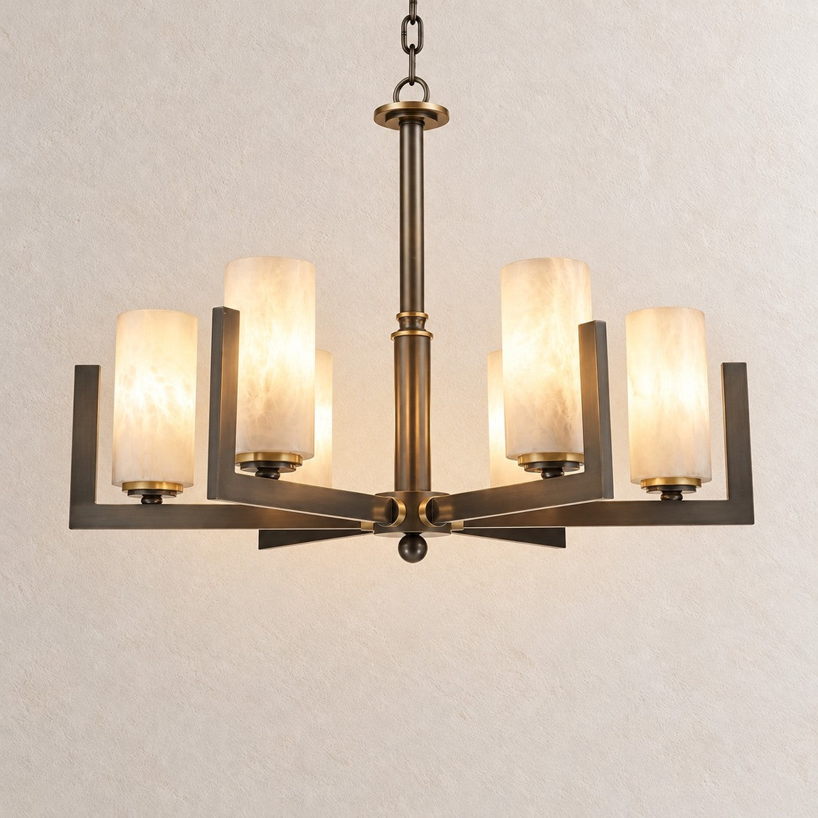 Classic Multi-arm Pendant Alabaster on a light warm plaster wall