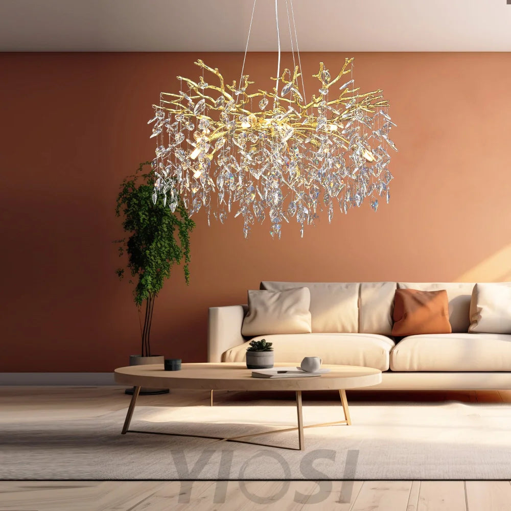 Clea Modern Round Gold Clear Crystal Branch Chandelier For Living Room