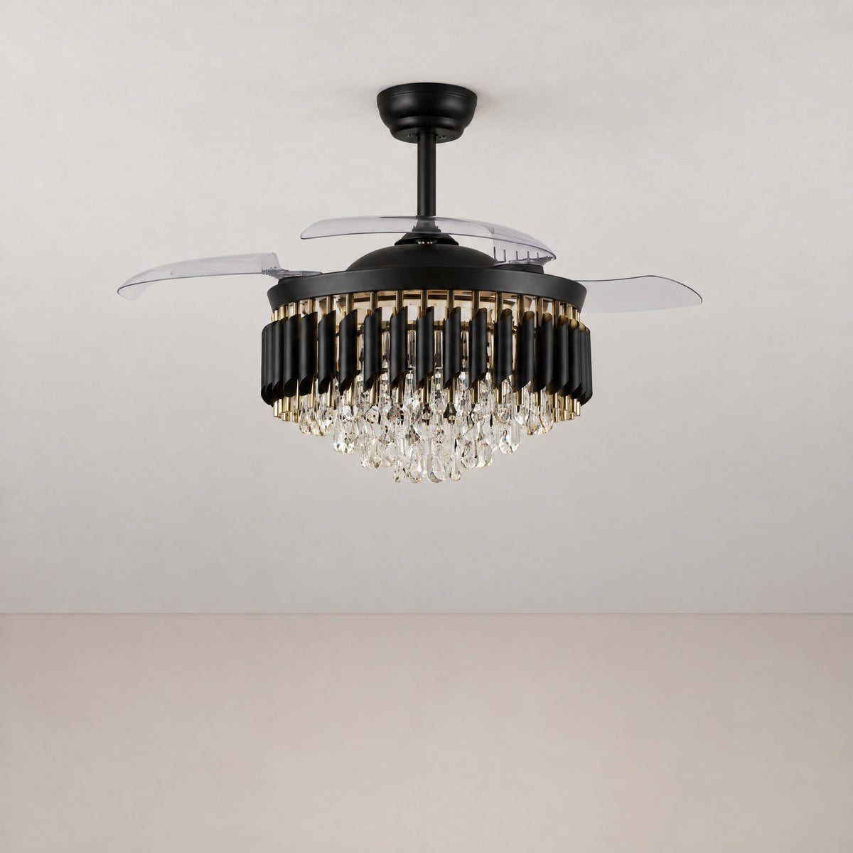 Yiosi Clear Acrylic Blade Ceiling Fan with Crystal Chandelier – lights off