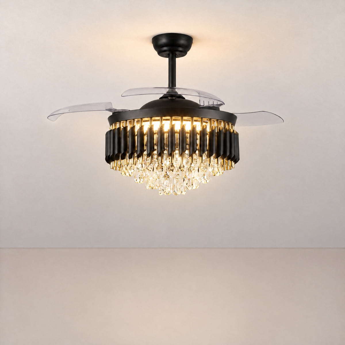 Yiosi Clear Acrylic Blade Ceiling Fan with Crystal Chandelier – lights on
