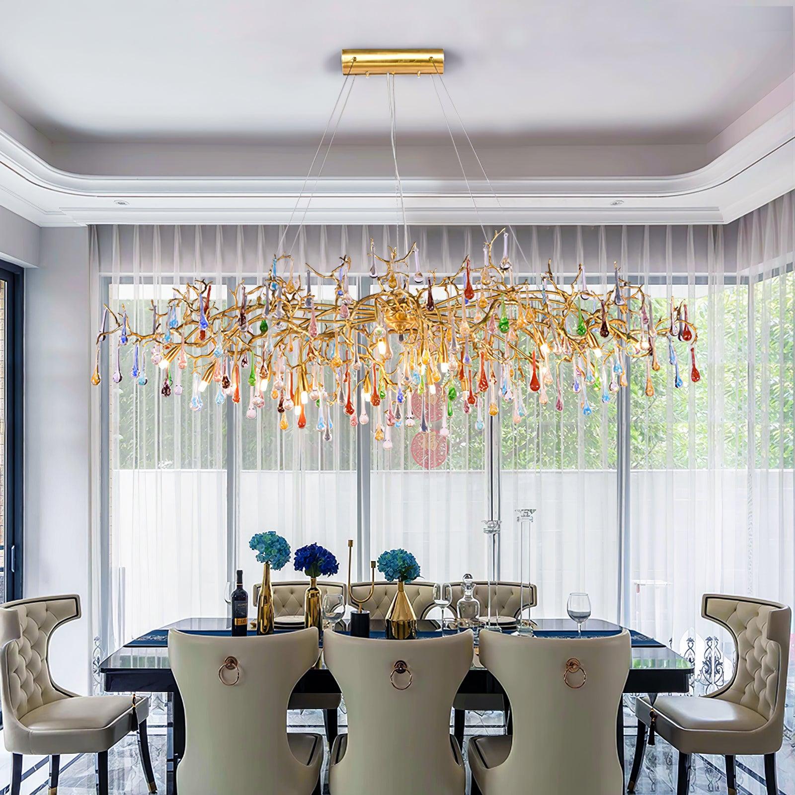 Colorful Raindrop Brass Branch Chandelier with Crystal Accents